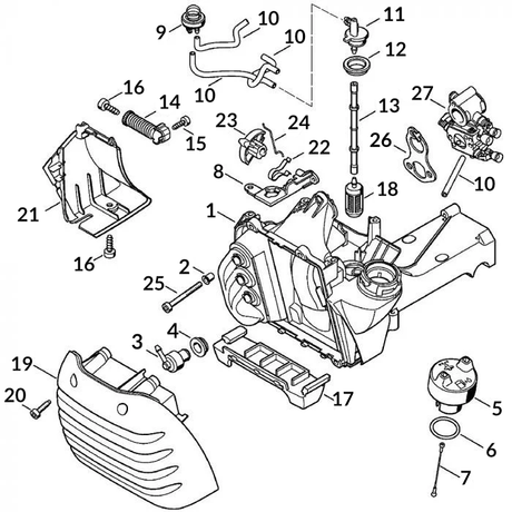 Stihl TS410 Parts Diagram - Fuel Tank & Carb Assembly